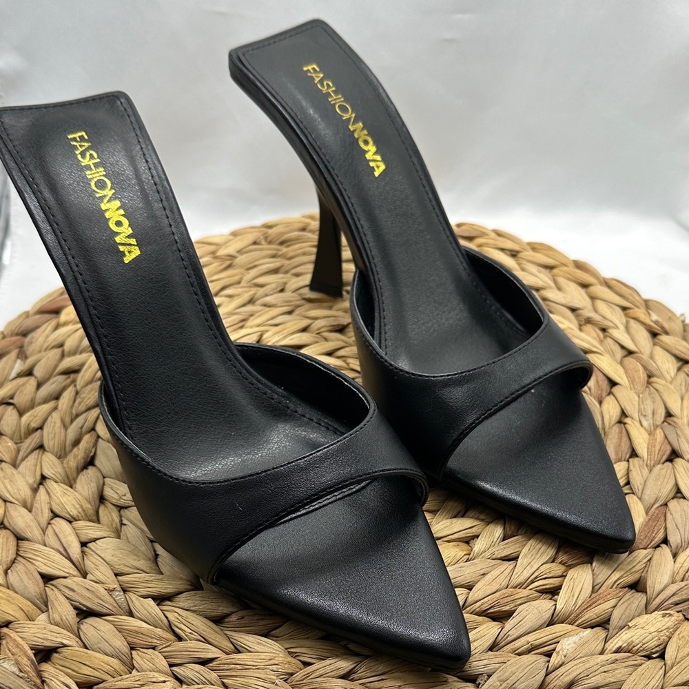 Fashion Nova Sleek Black Mules with Unique Heel